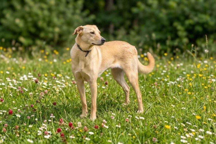 Brauner Hund steht auf Wiese und sieht nach links