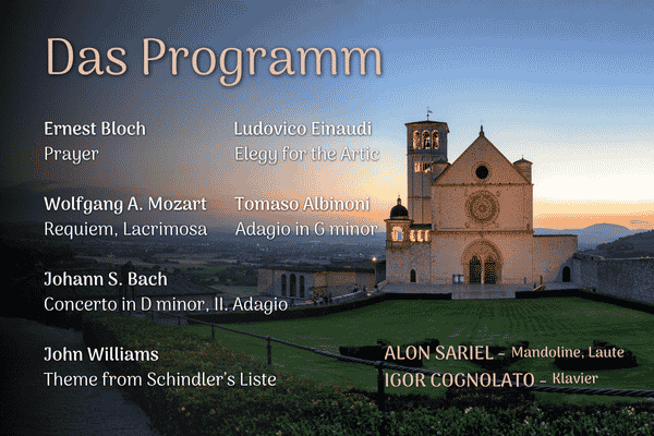 Programmübersicht des Friedenskonzerts in Assisi mit Werken von Bach, Mozart und Einaudi, gespielt von Alon Sariel und Igor Cognolato.